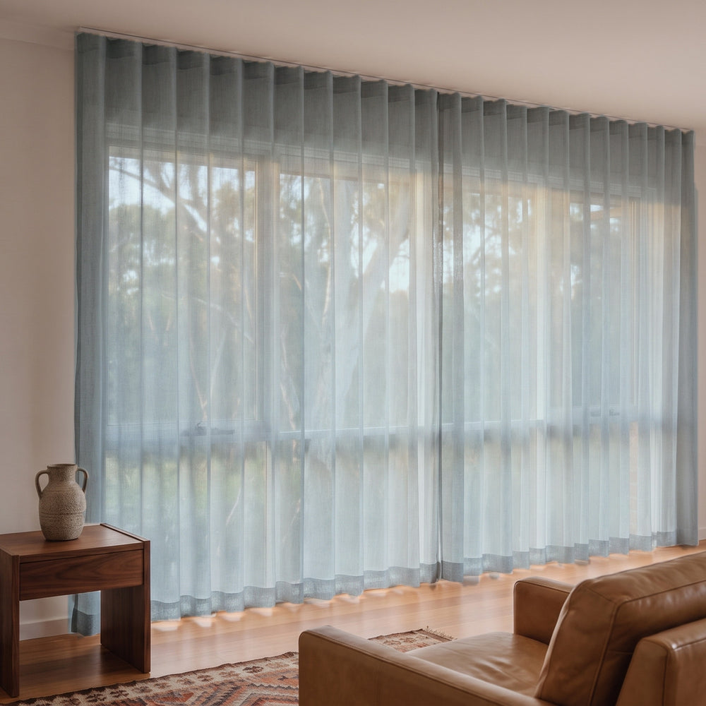 Allusion Sheer Curtain in Aqua, S-fold on a ceiling track