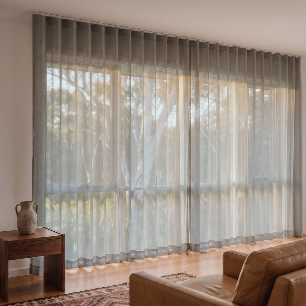 Allusion Sheer Curtain in Limestone, S-fold on a ceiling track