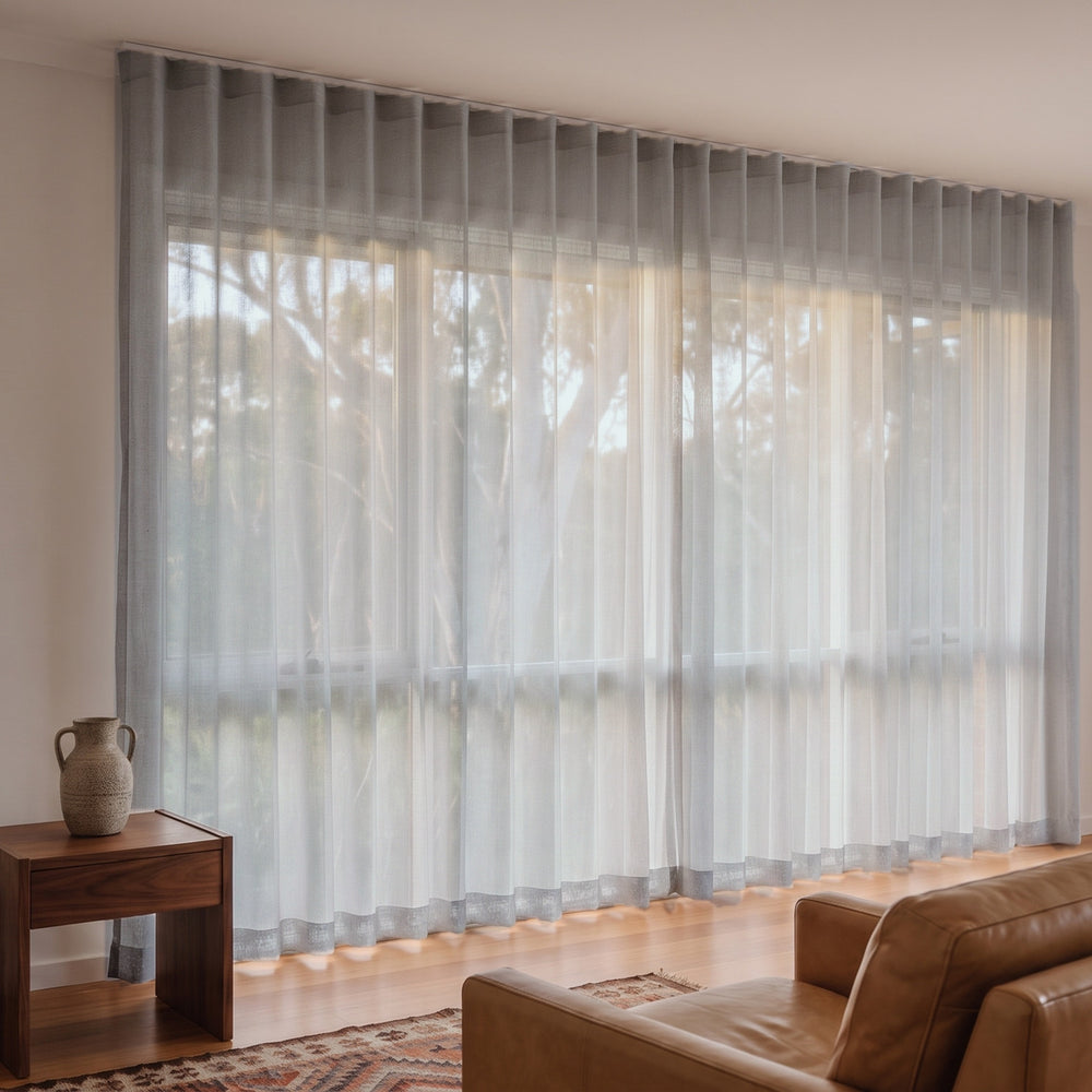 Allusion Sheer Curtain in Marzipan, S-fold on a ceiling track