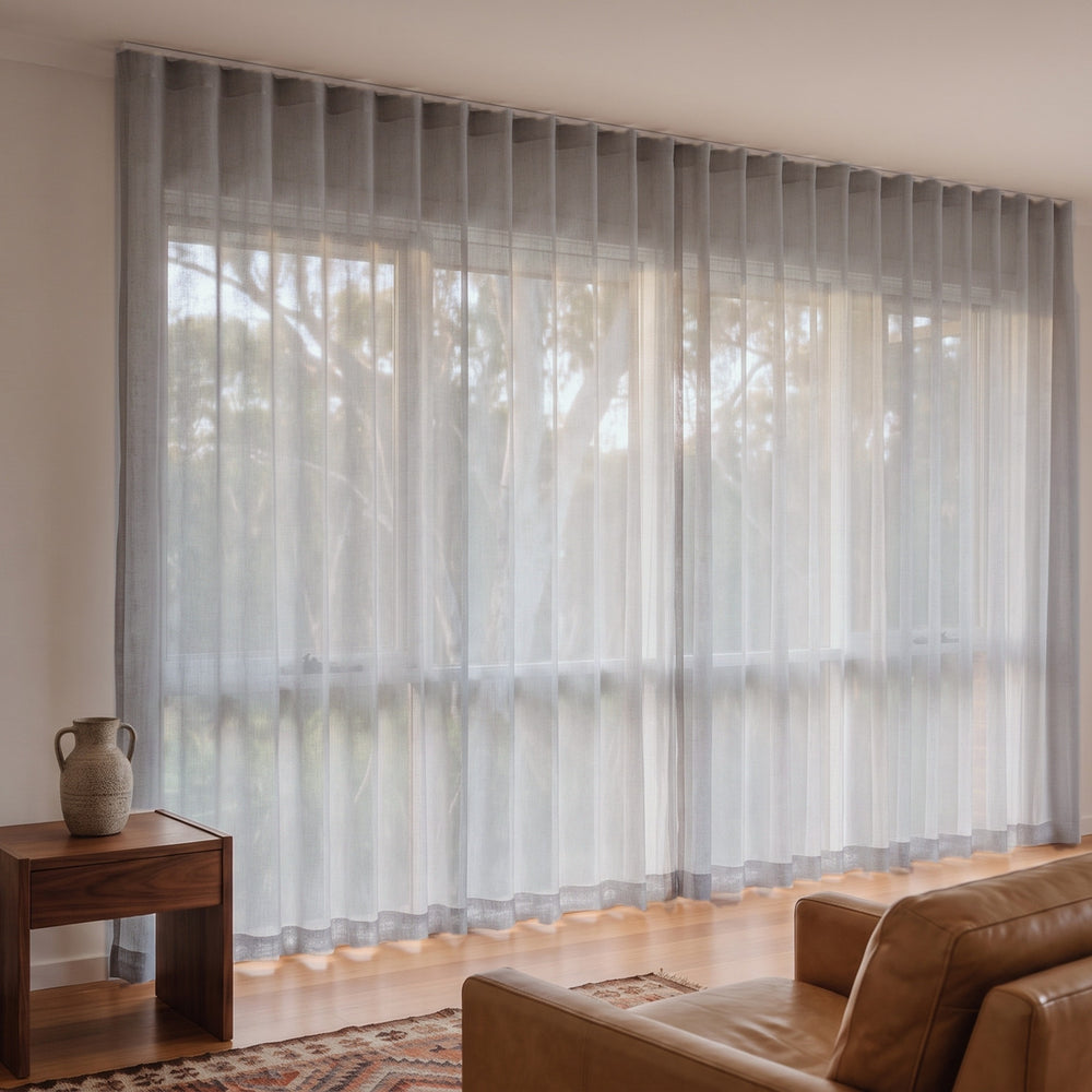 Allusion Sheer Curtain in Mushroom, S-fold on a ceiling track