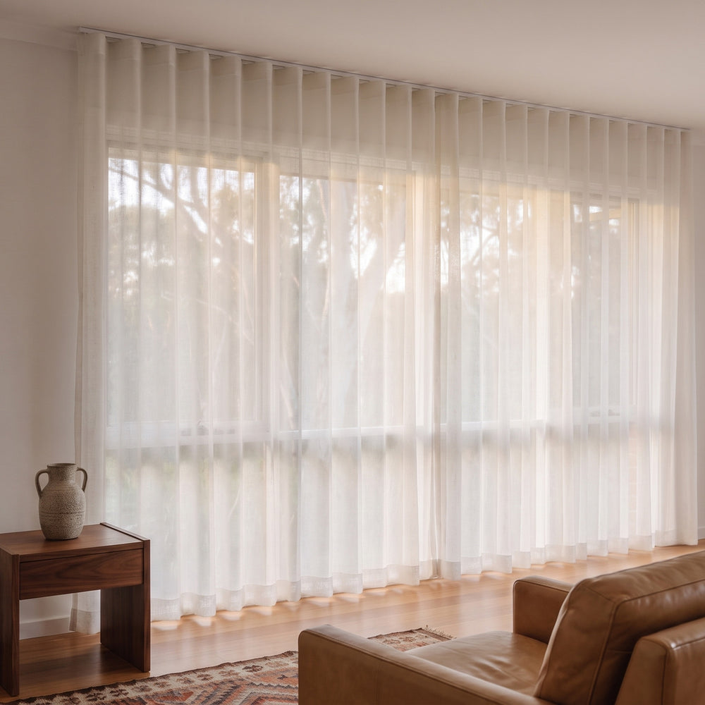 Allusion Sheer Curtain in Pearl, S-fold on a ceiling track