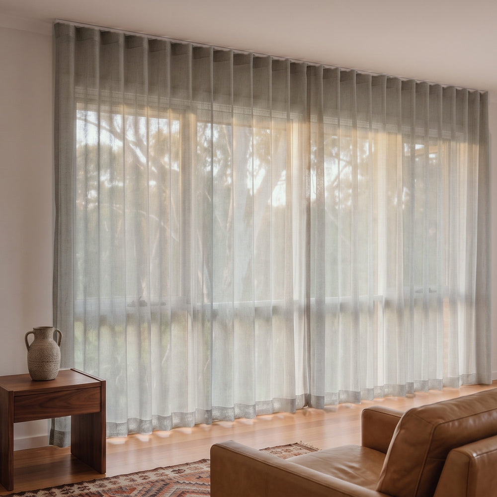 Allusion Sheer Curtain in Sesame, S-fold on a ceiling track