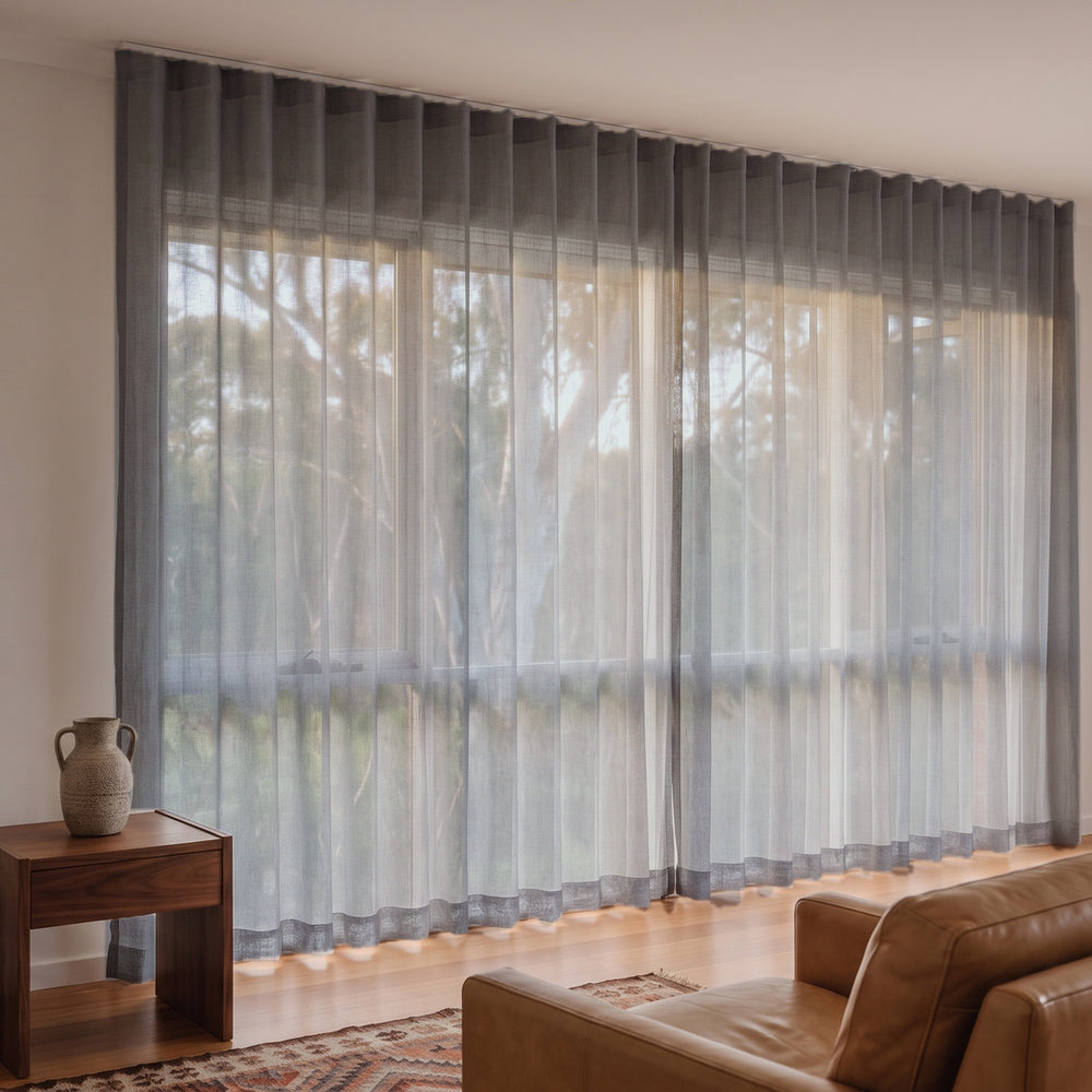 Allusion Sheer Curtain in Silver, S-fold on a ceiling track