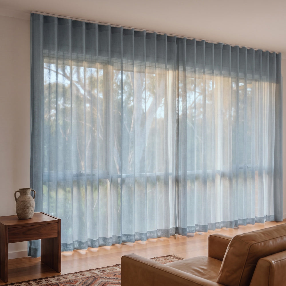 Allusion Sheer Curtain in Sky, S-fold on a ceiling track