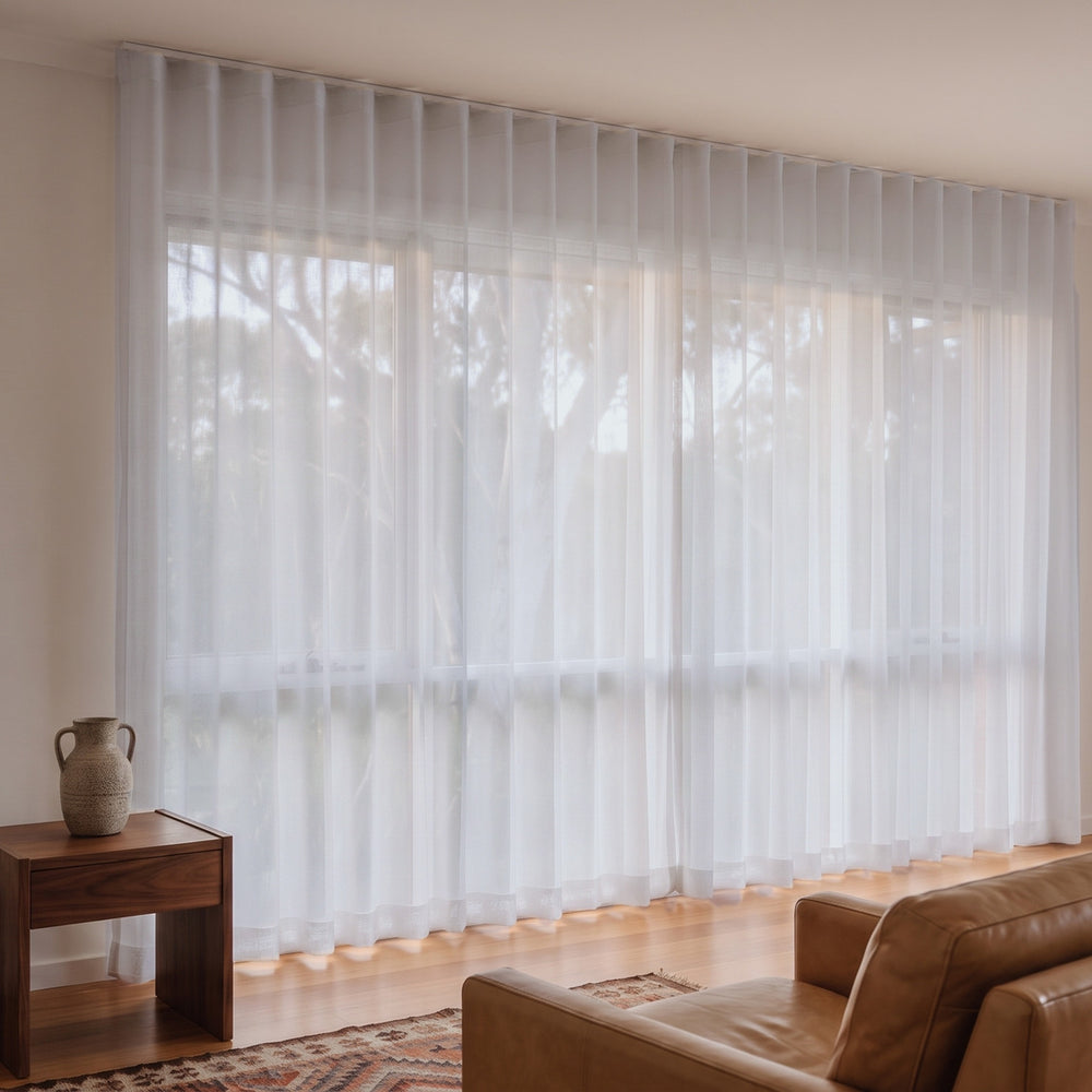 Allusion Sheer Curtain in Snow, S-fold on a ceiling track