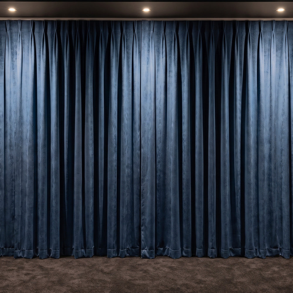 Amsterdam Curtain in Navy, twin pleat on a ceiling track