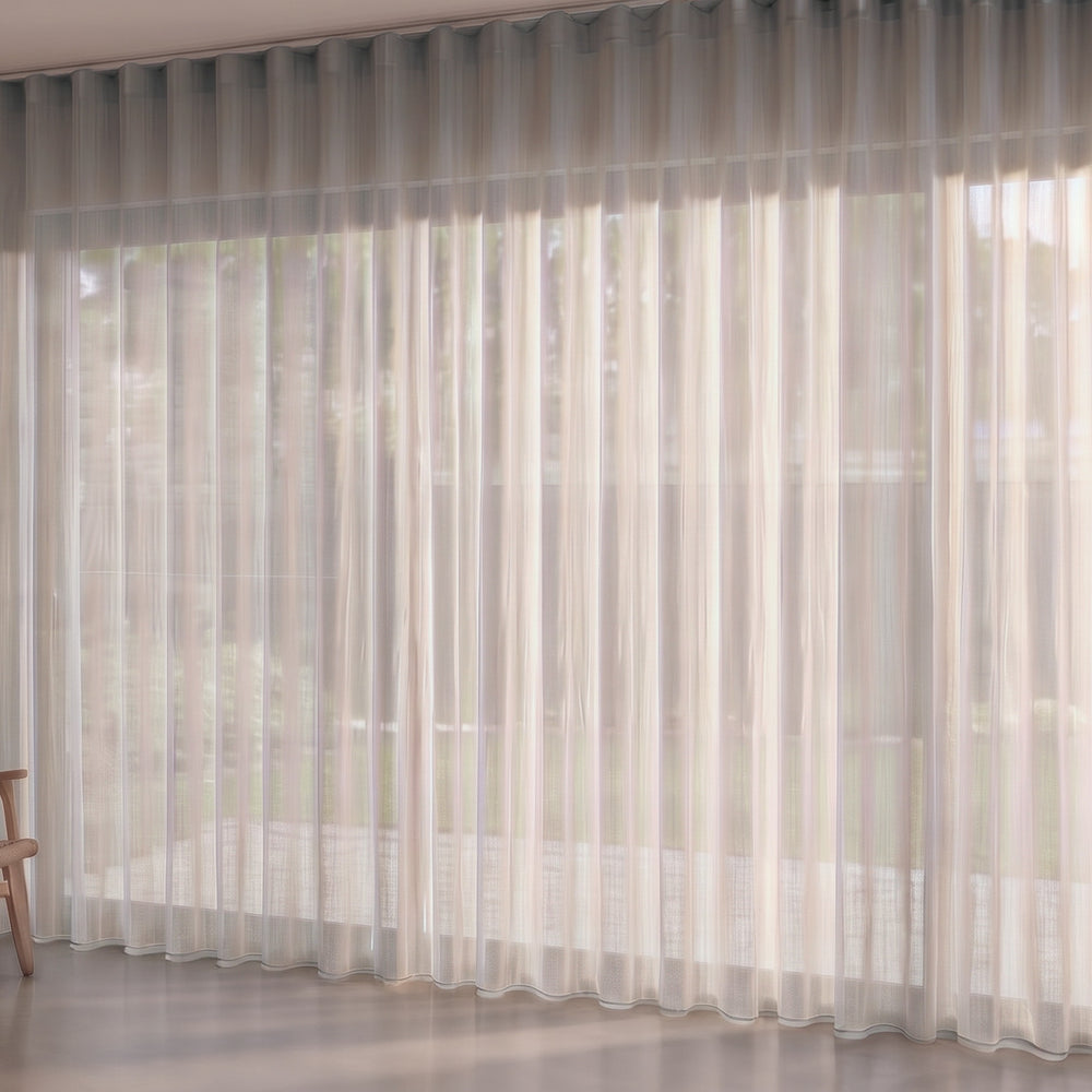 Antipodes Sheer Curtain in Cloud, S-fold on a ceiling track