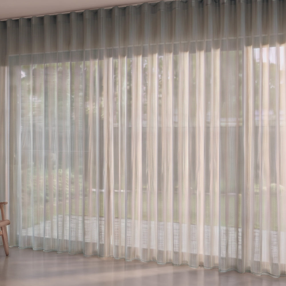 Antipodes Sheer Curtain in Flax, S-fold on a ceiling track