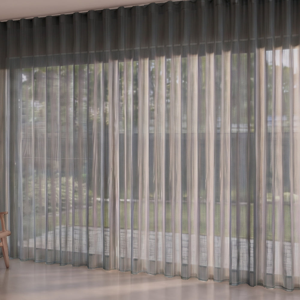 Antipodes Sheer Curtain in Granite, S-fold on a ceiling track