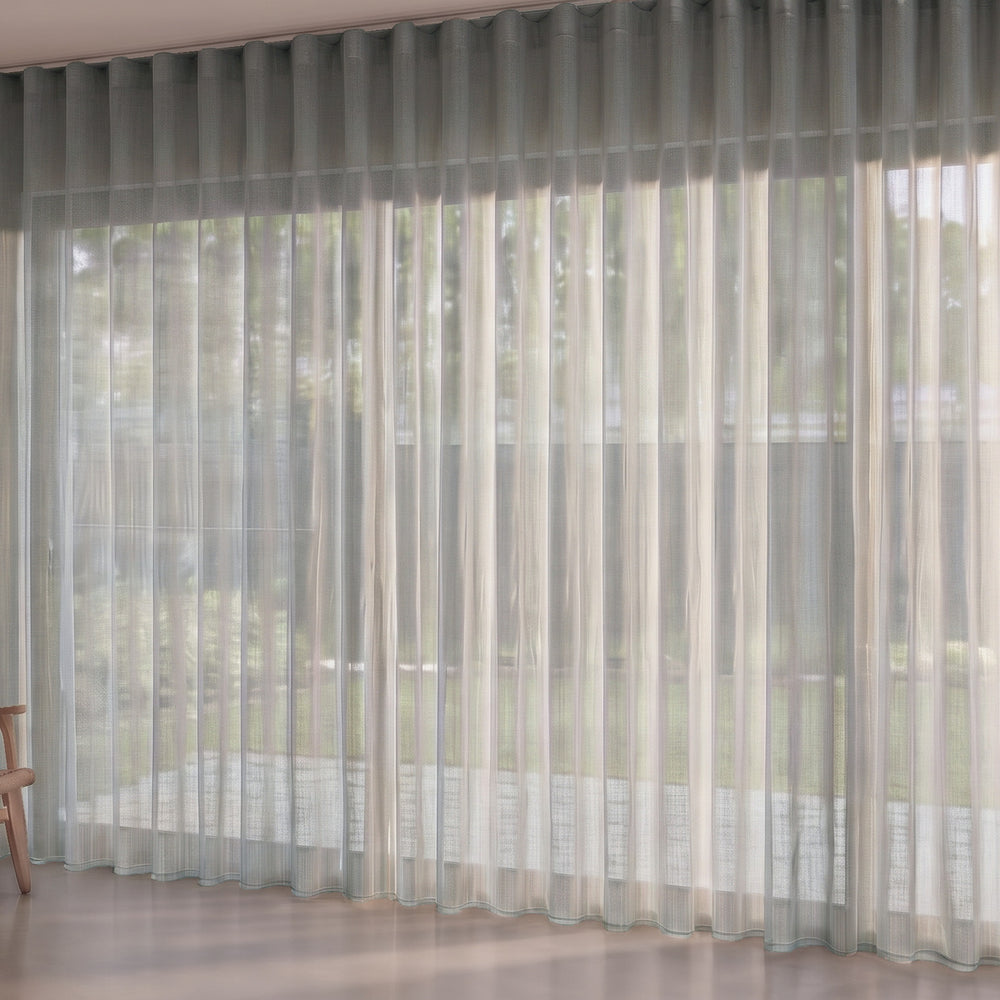Antipodes Sheer Curtain in Mineral, S-fold on a ceiling track