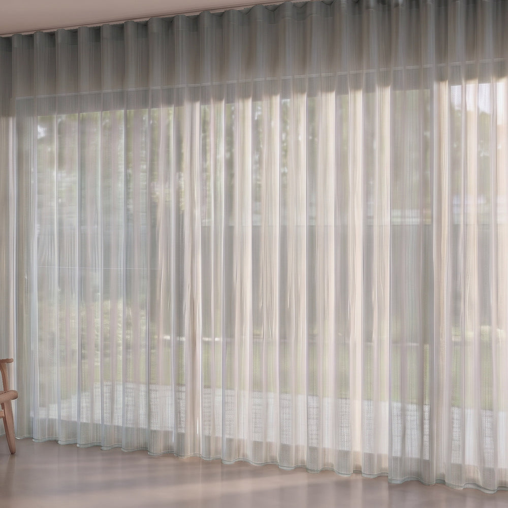 Antipodes Sheer Curtain in Pebble, S-fold on a ceiling track