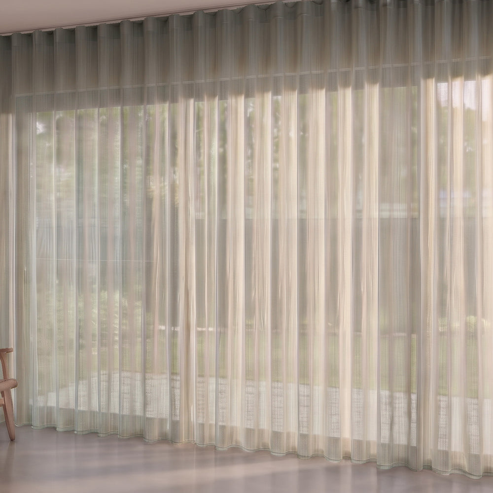 Antipodes Sheer Curtain in Sand, S-fold on a ceiling track