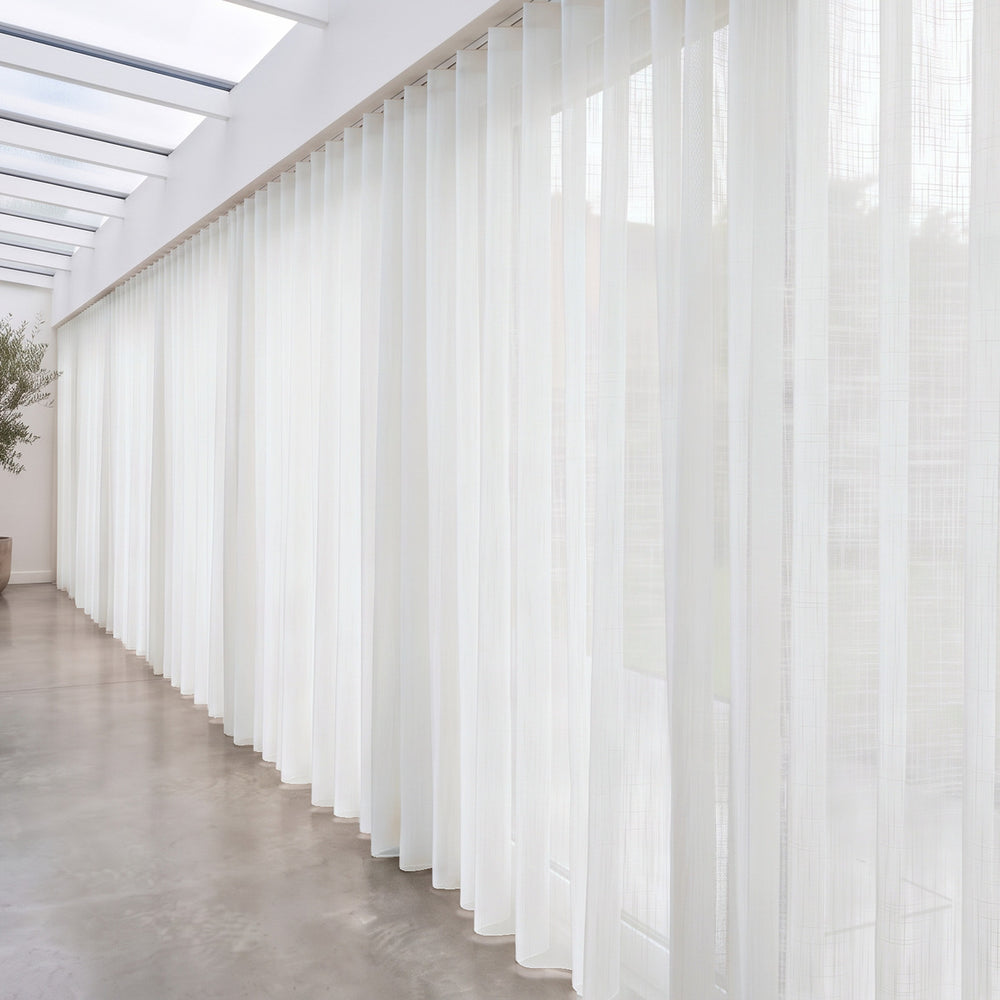 Astra Sheer Curtain in White, S-fold on a ceiling track