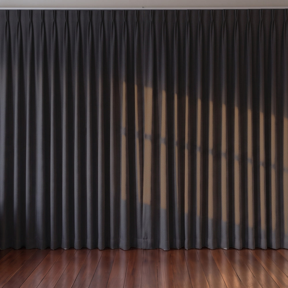 Avena Blockout Curtain in Black, twin pleat on a ceiling track