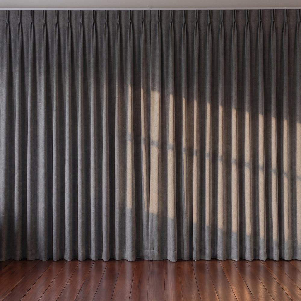 Avena Blockout Curtain in Charcoal, twin pleat on a ceiling track