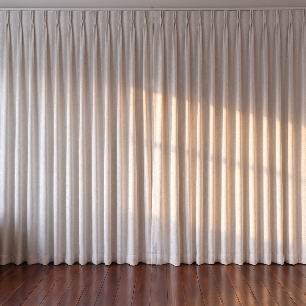 Avena Blockout Curtain in White, twin pleat on a ceiling track