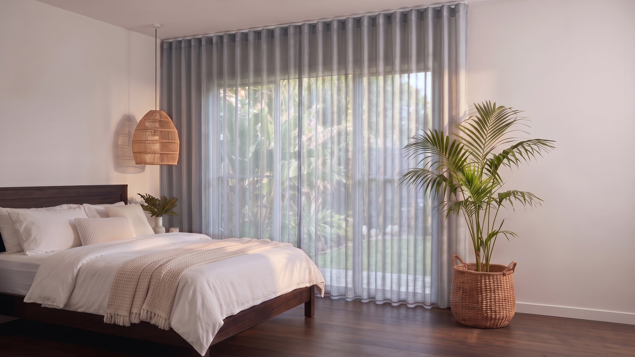 Bali Sheer Curtain in Ash, S-fold on a ceiling track