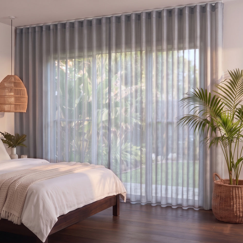 Bali Sheer Curtain in Ash, S-fold on a ceiling track