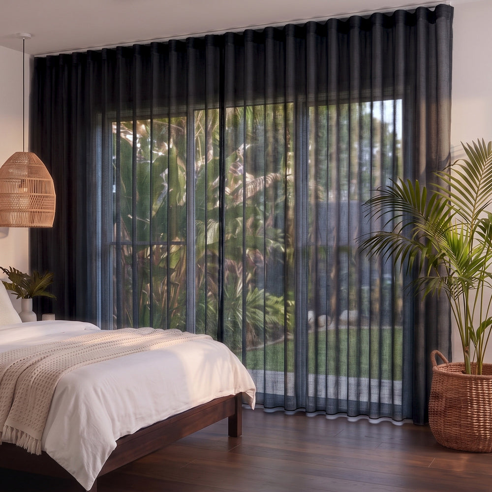 Bali Sheer Curtain in Black, S-fold on a ceiling track