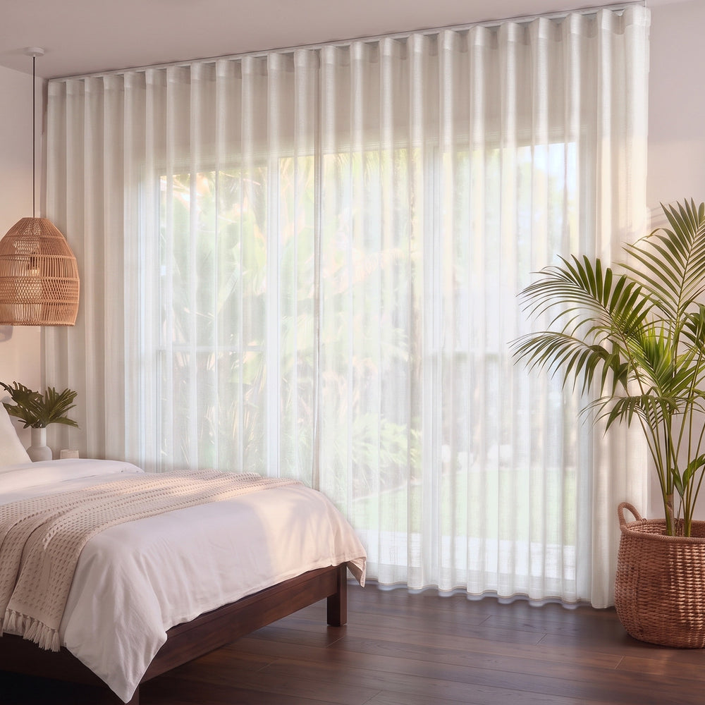 Bali Sheer Curtain in Blush, S-fold on a ceiling track