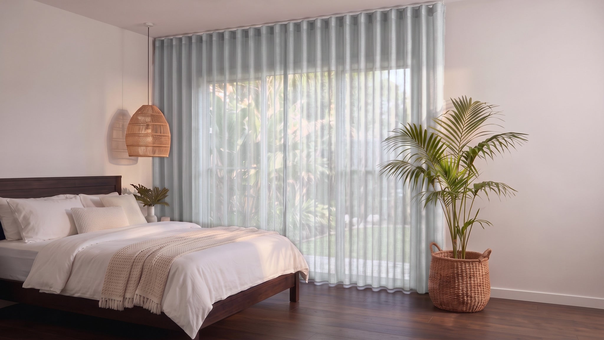 Bali Sheer Curtain in Cloud, S-fold on a ceiling track