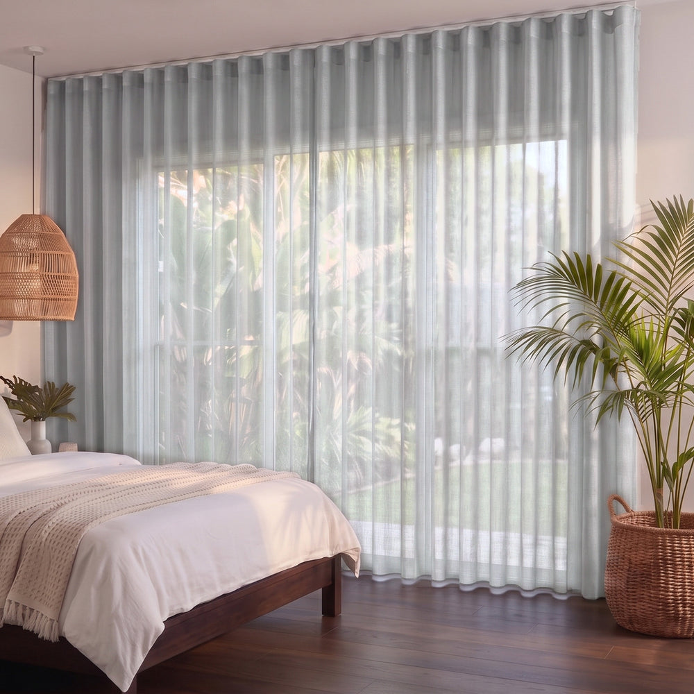 Bali Sheer Curtain in Cloud, S-fold on a ceiling track