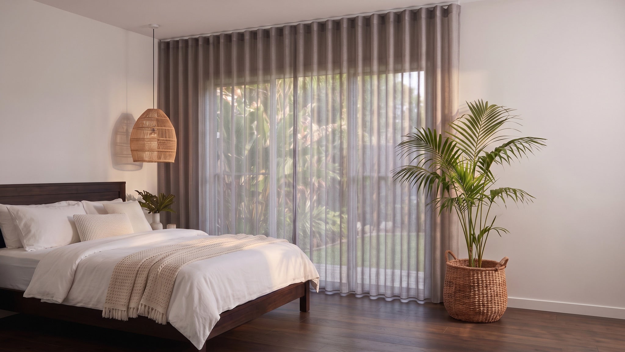 Bali Sheer Curtain in Cobblestone, S-fold on a ceiling track