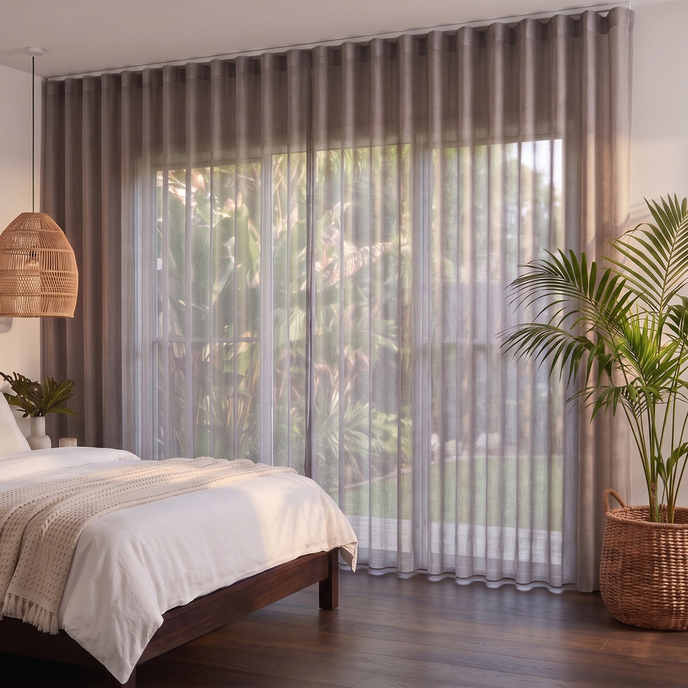 Bali Sheer Curtain in Cobblestone, S-fold on a ceiling track