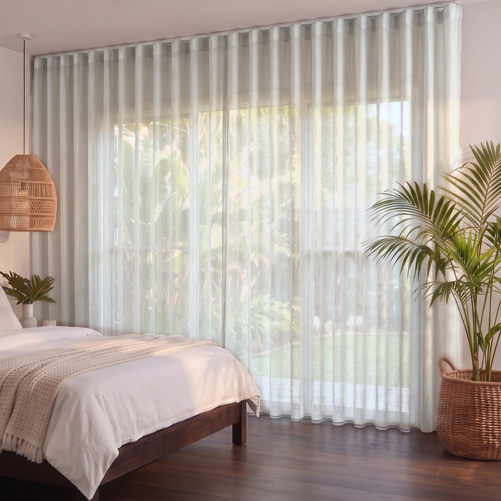 Bali Sheer Curtain in Driftwood, S-fold on a ceiling track