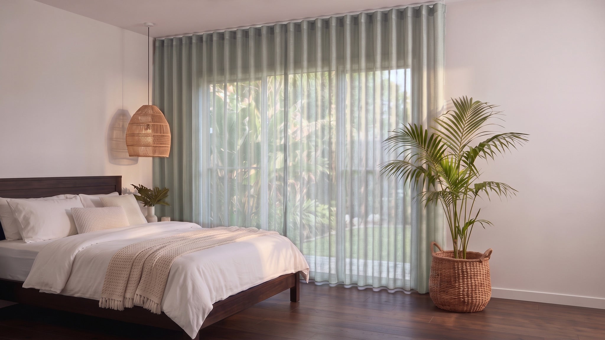 Bali Sheer Curtain in Heather, S-fold on a ceiling track