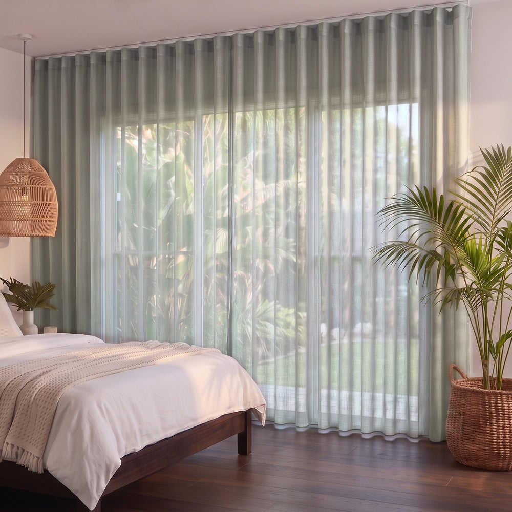 Bali Sheer Curtain in Heather, S-fold on a ceiling track