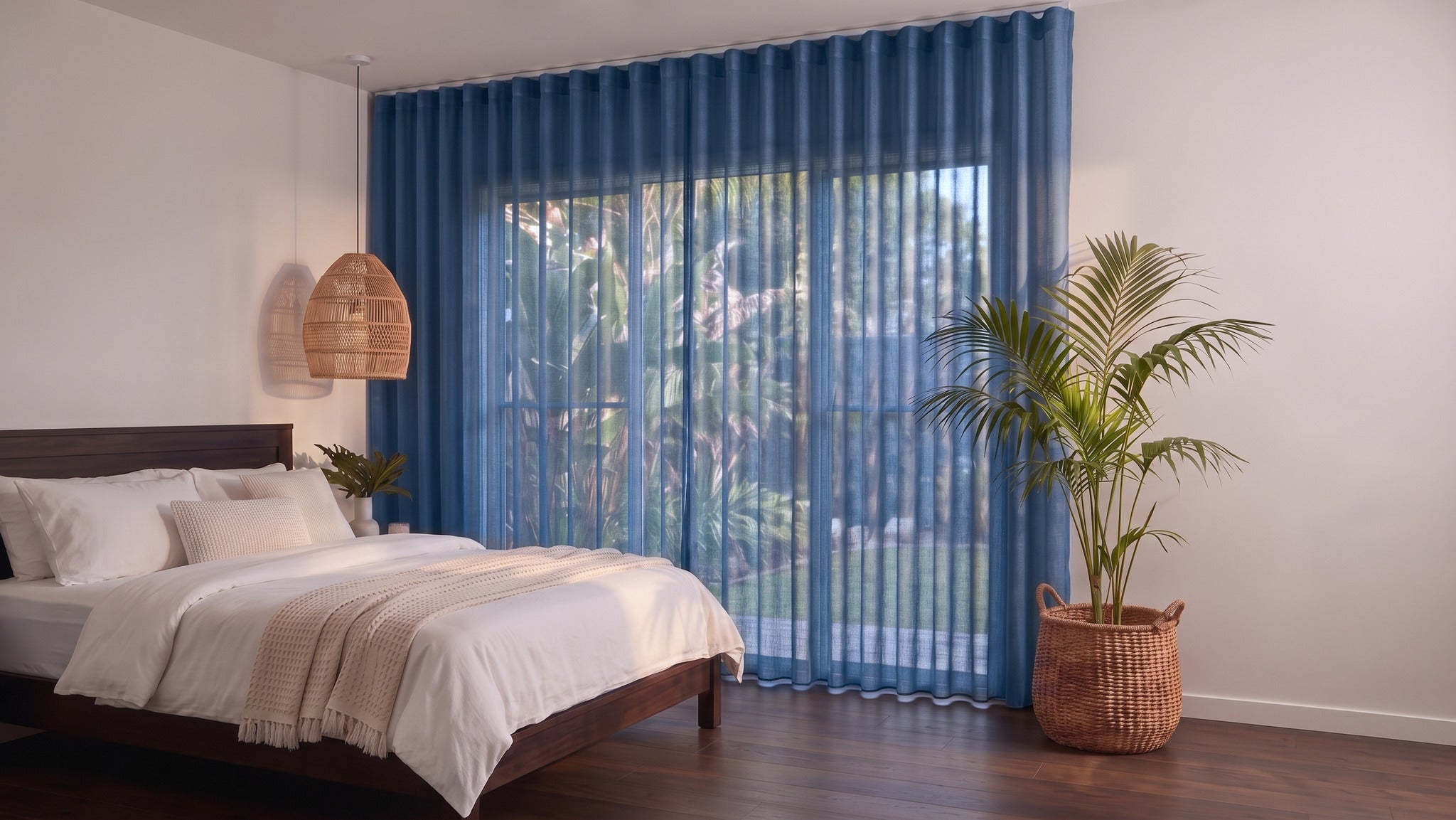 Bali Sheer Curtain in Indigo, S-fold on a ceiling track