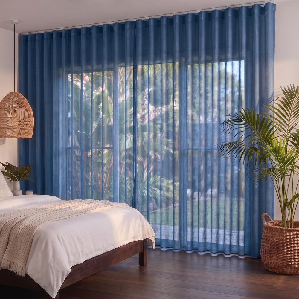 Bali Sheer Curtain in Indigo, S-fold on a ceiling track