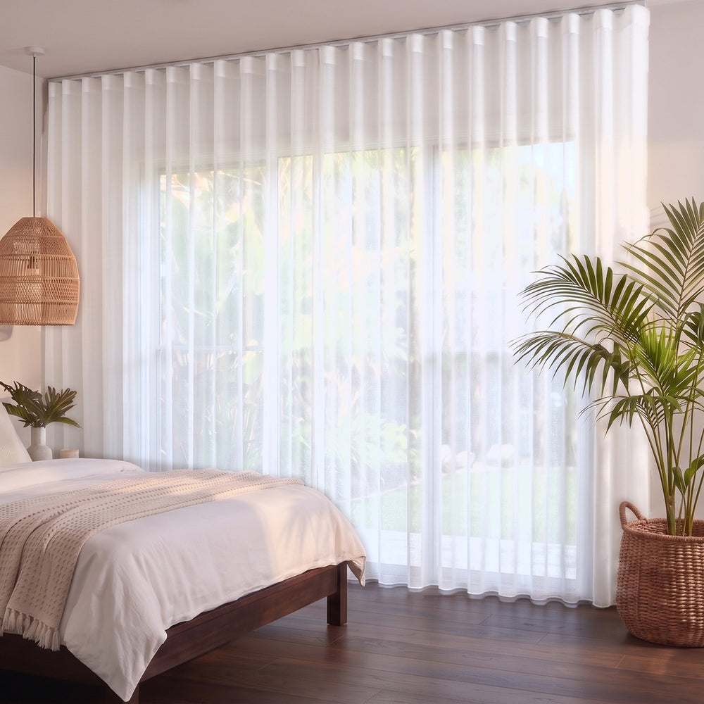 Bali Sheer Curtain in Pearl, S-fold on a ceiling track