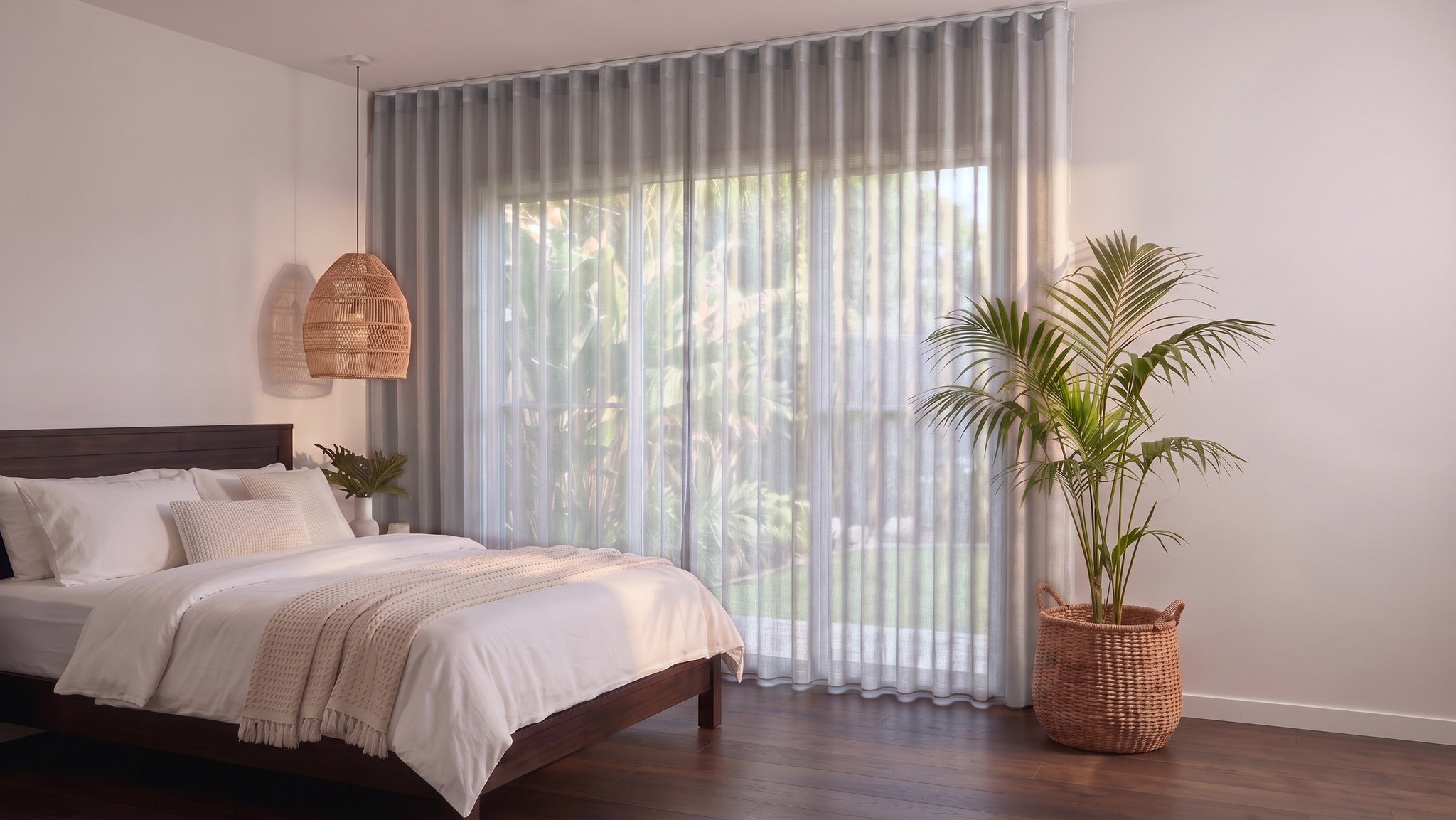 Bali Sheer Curtain in Smoke, S-fold on a ceiling track