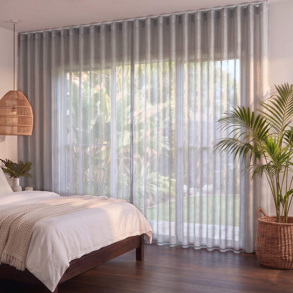 Bali Sheer Curtain in Smoke, S-fold on a ceiling track