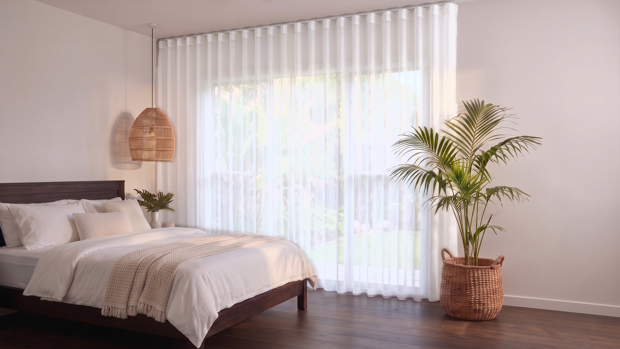 Bali Sheer Curtain in Snow, S-fold on a ceiling track