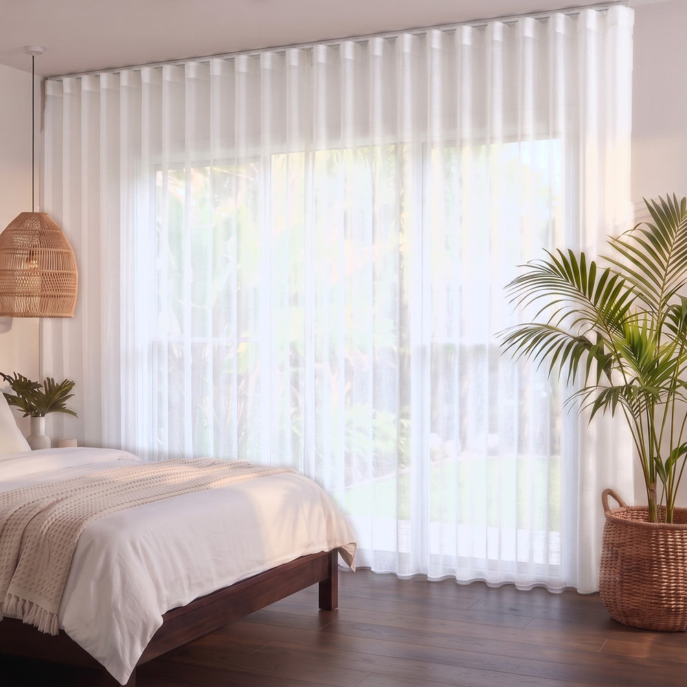 Bali Sheer Curtain in Snow, S-fold on a ceiling track