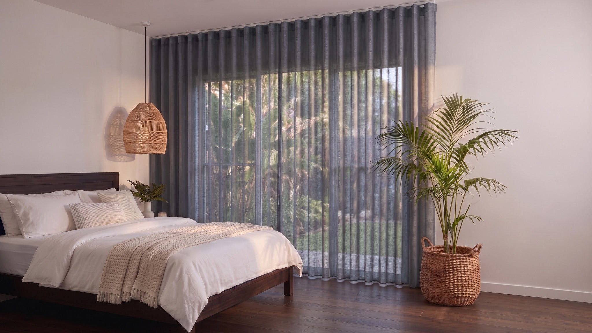 Bali Sheer Curtain in Storm, S-fold on a ceiling track
