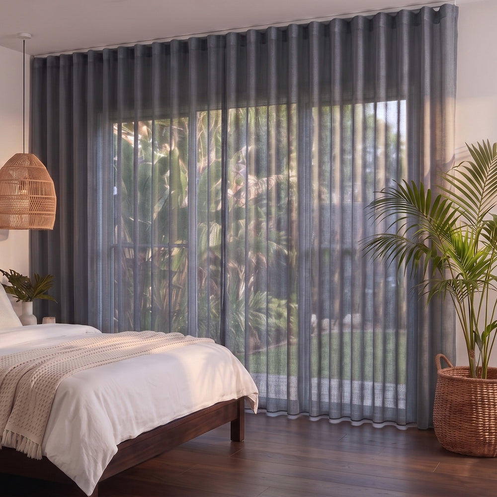 Bali Sheer Curtain in Storm, S-fold on a ceiling track