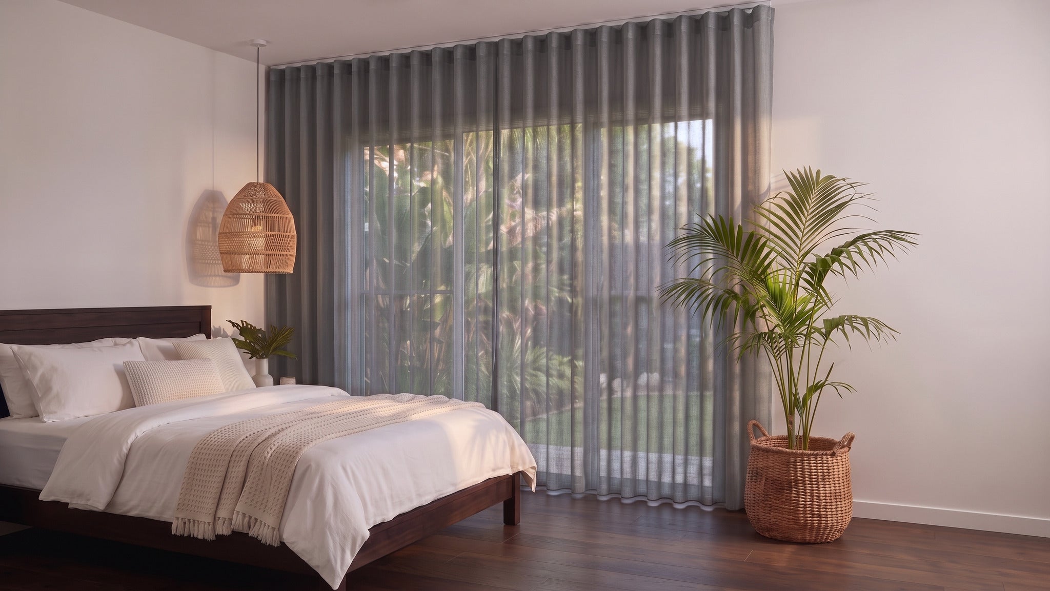 Bali Sheer Curtain in Thunder, S-fold on a ceiling track