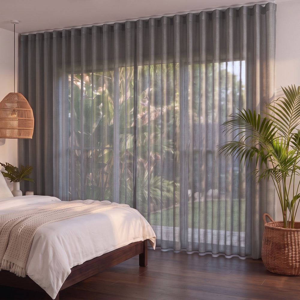 Bali Sheer Curtain in Thunder, S-fold on a ceiling track