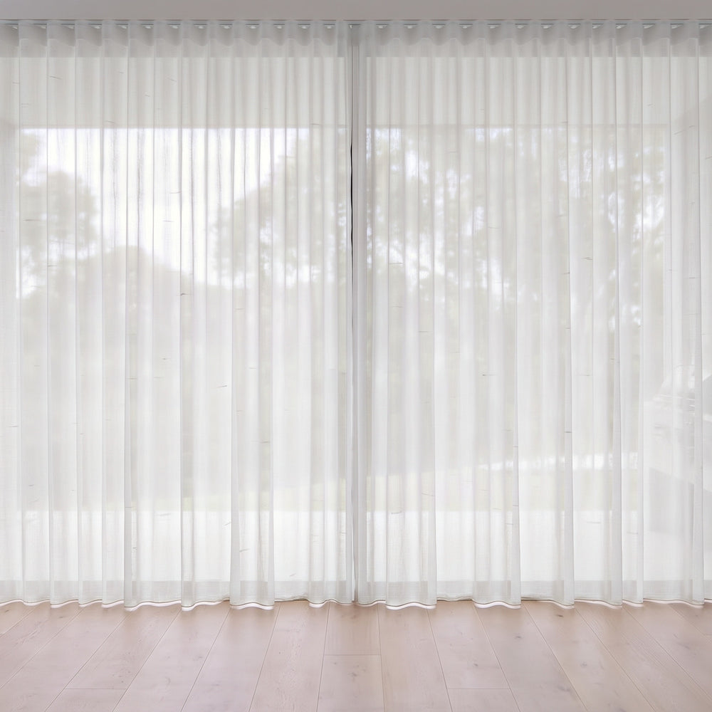 Blythe Sheer Curtain in Chalk, S-fold on a ceiling track