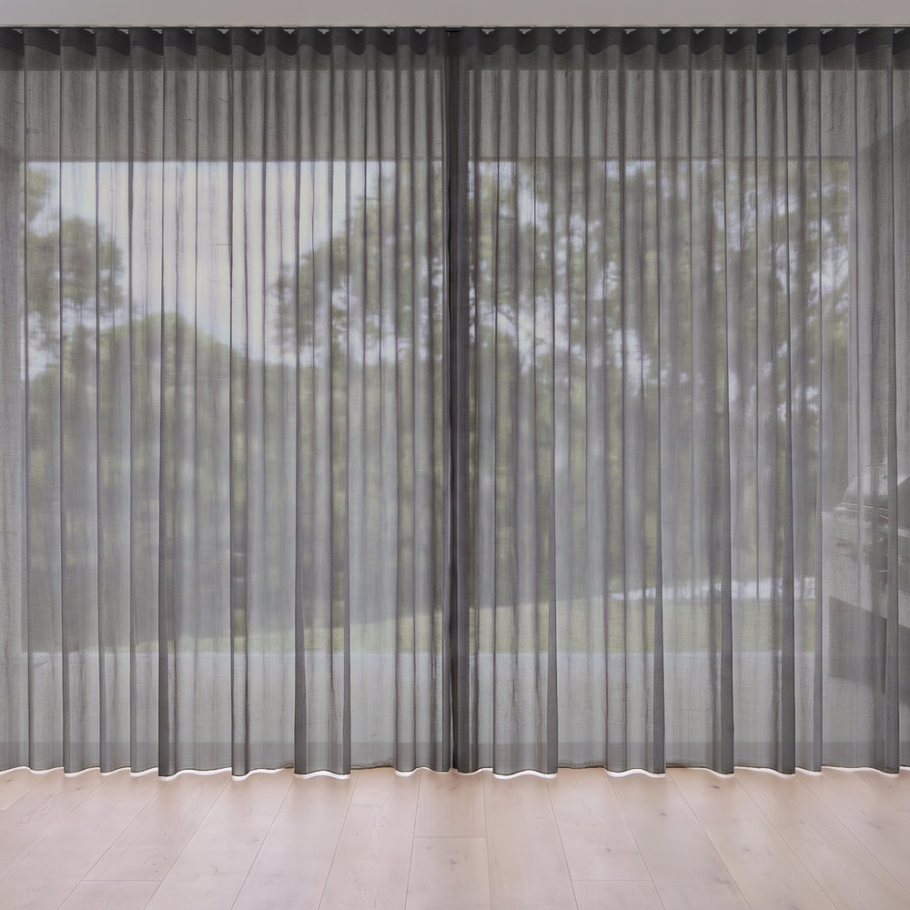 Blythe Sheer Curtain in Granite, S-fold on a ceiling track