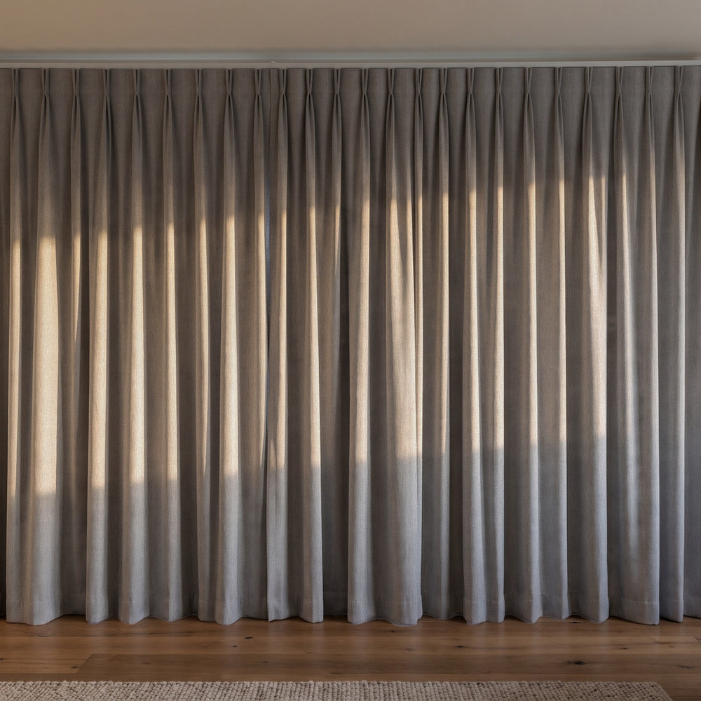 Breakaway Blockout Curtain in Slate, twin pleat on a ceiling track