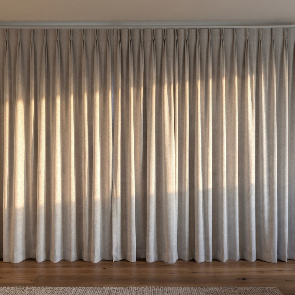 Breakaway Blockout Curtain in Stone, twin pleat on a ceiling track