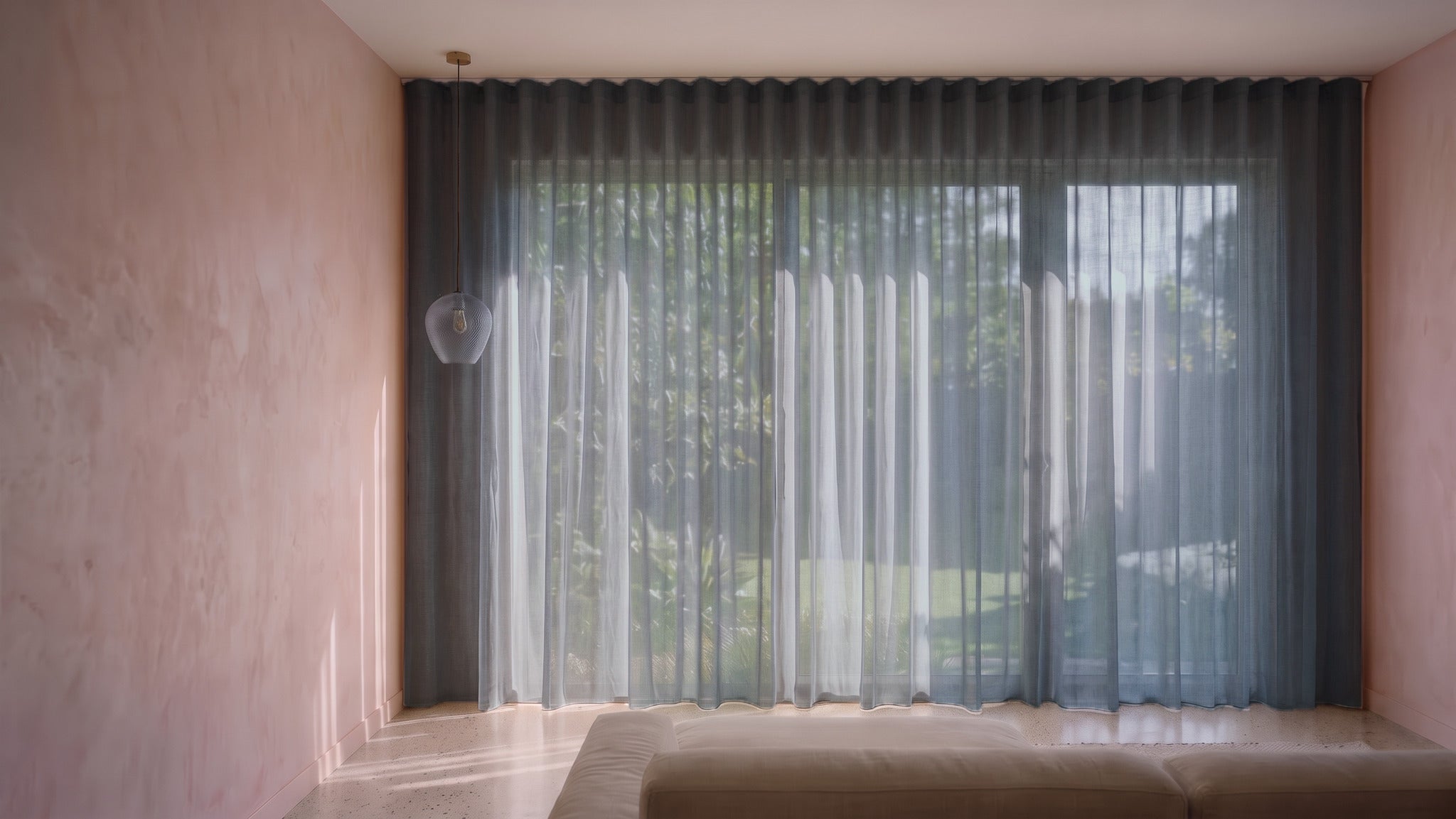Burano Sheer Curtain in Ash, S-fold on a ceiling track