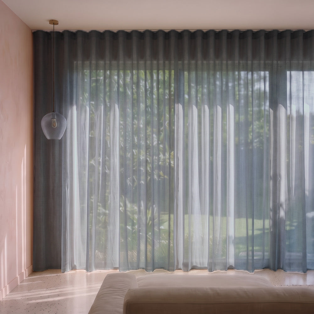 Burano Sheer Curtain in Ash, S-fold on a ceiling track