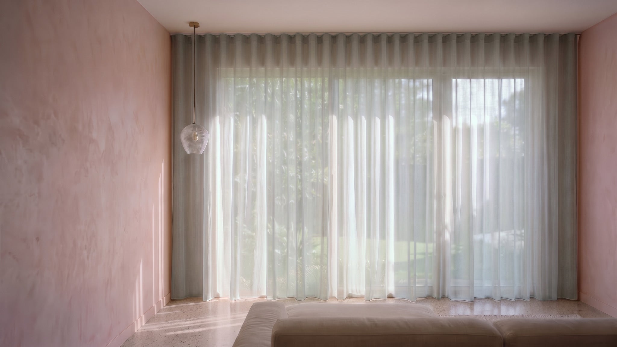 Burano Sheer Curtain in Eggshell, S-fold on a ceiling track