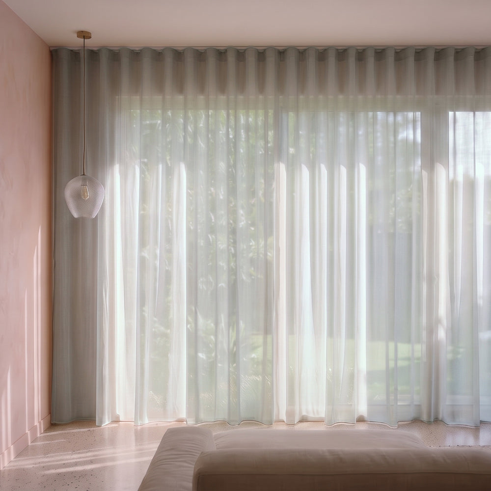Burano Sheer Curtain in Eggshell, S-fold on a ceiling track